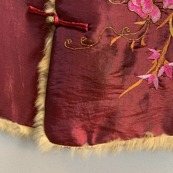 Antique Floral Embroidered Burgundy Silk Vest with Golden Fur Trim, frog toggles - Picture 8 of 12
